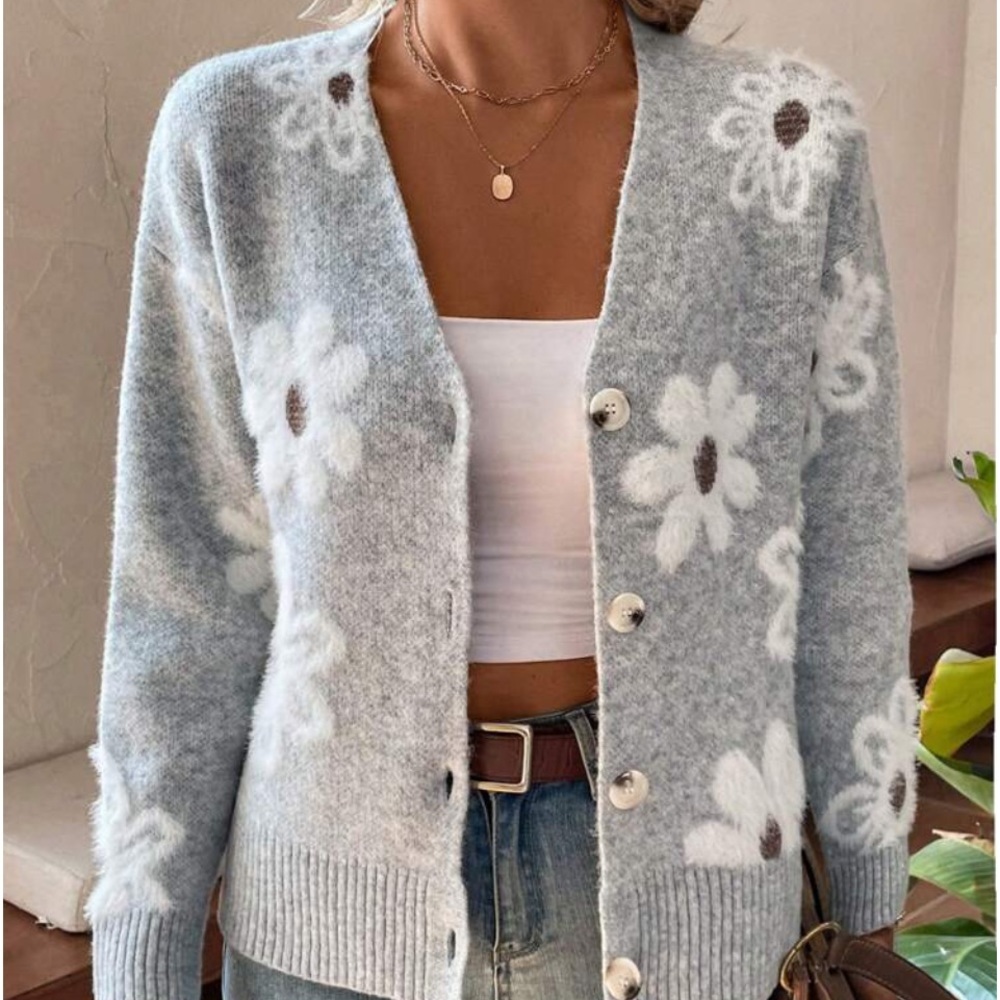New V neck gray floral print cardigan sweater